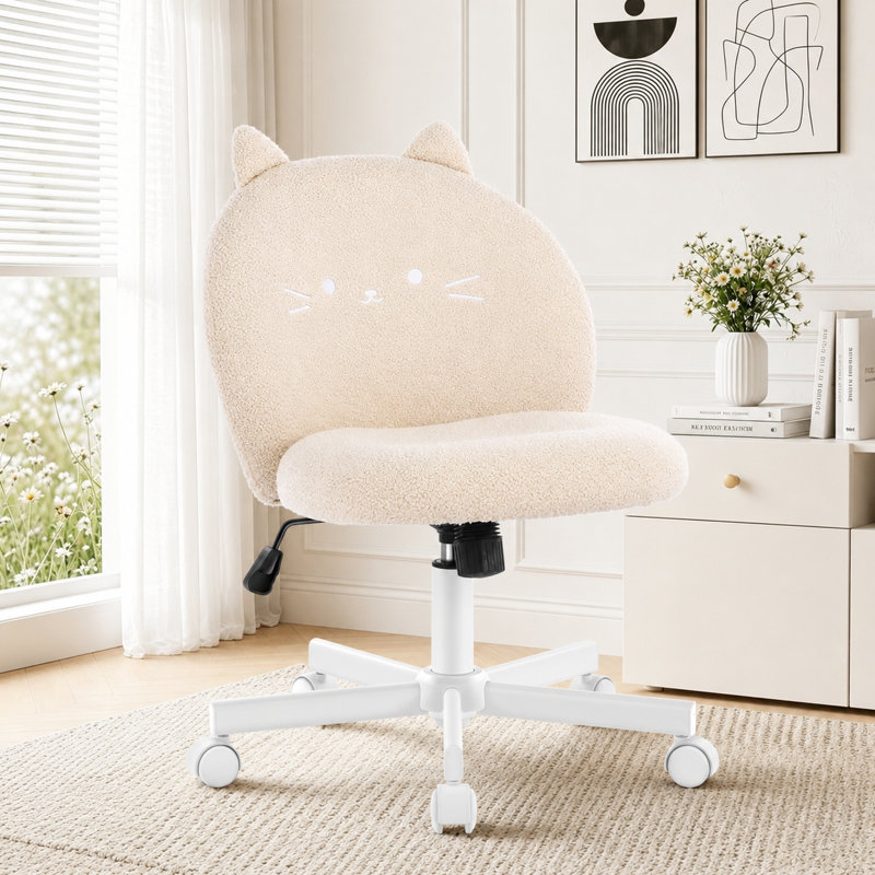 Cute Cat Task Chair with Faux Fur Upholstery, Swivel Vanity Chair for Small Spaces, Beige
