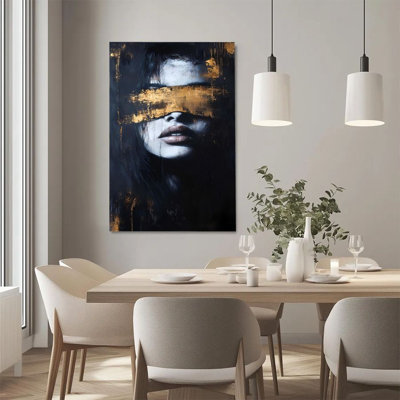 1Pc Framed Canvas Poster Print Blindfolded Woman, Golden Blindfold, Dark Abstract Expressionism Wall Art Decor, Perfect for Room Decor Living Room Bedroom Office Kitchen Bathroom Home Decor, Ideal Home Wall Decoration Gift, 2D Flat
