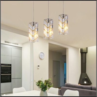 Luminaire suspendu moderne en cristal de 4 po - Paquet de 3, plafonnier suspendu réglable avec prisme en cristal pour salle à manger, îlot de cuisine et salon - finition chrome