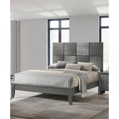 1Pc King Size Bed Contemporary Design Textured Front Panels Features Geometric Paneling Headboard Gray Gun Metal Finish