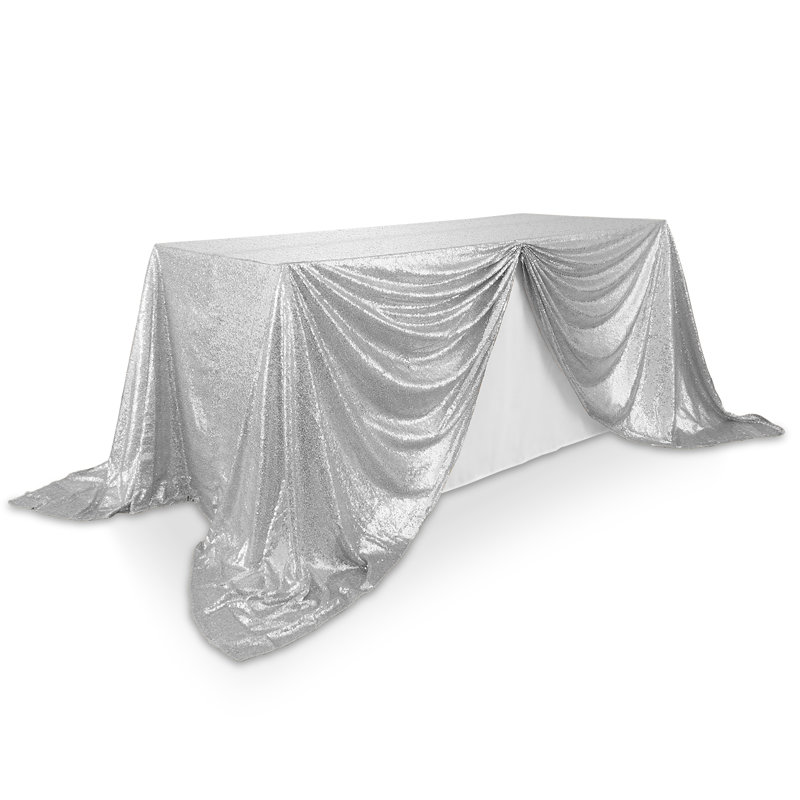  Solid Color Sequin Wedding Tablecloth, Silver, 132" x 90"