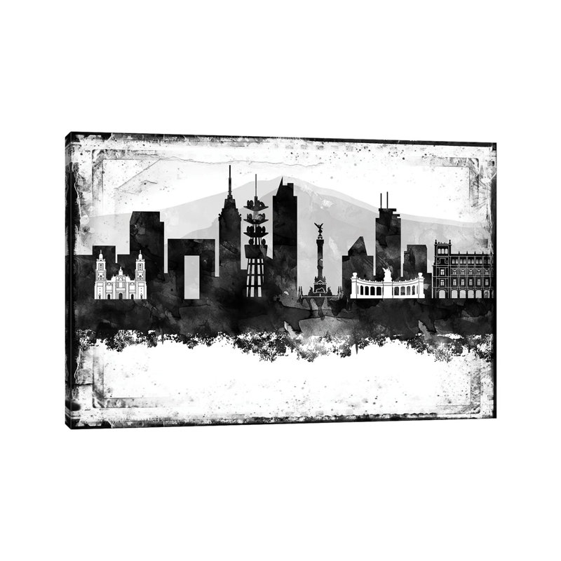 Mexico City Black And White Framed Skylines 1 Piece Floater Frame Wall Art on Canvas, 101.6 cm H x 66.04 cm W x 1.91 cm D