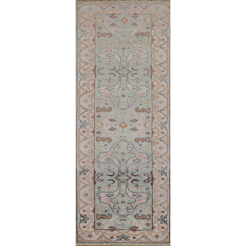 Tapis de couloir oriental fait à la main vert Oushak 3 x 8