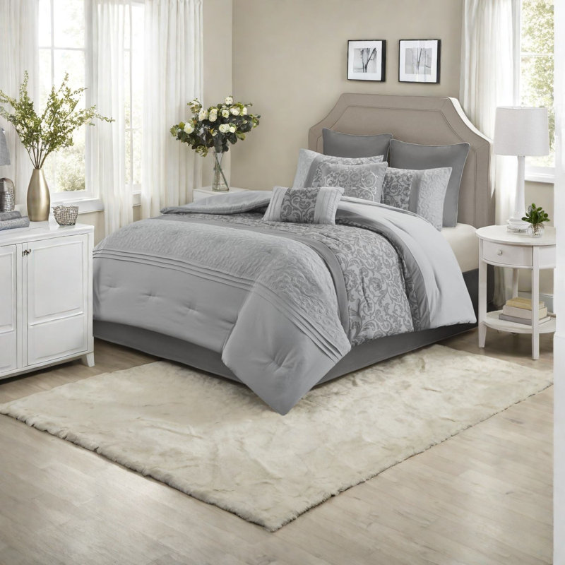 Elegant Grey Bedding Set, Polyester Comforter 8-piece Cal King For Home Decor
