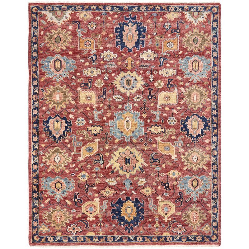Hand Knotted Wool Area Rug in Red, Rectangle 8' x 10'