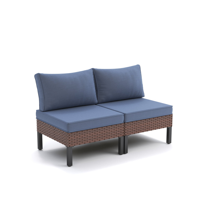 Ensemble de canapé d'extérieur simple en osier 2 pièces avec coussins, Bleu