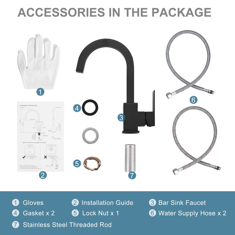 Single-Handle Stainless Steel Bar Faucet, Single Hole, Deck Mount, With Supply Lines, Matte Black