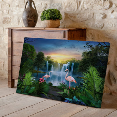 Canvas A Serene Jungle Scene At Dusk Featuring Two Elegant Pink Wall Art Flamingos Standing Gracefully By A Tranquil Pond Surrounded Canvas Wall Art