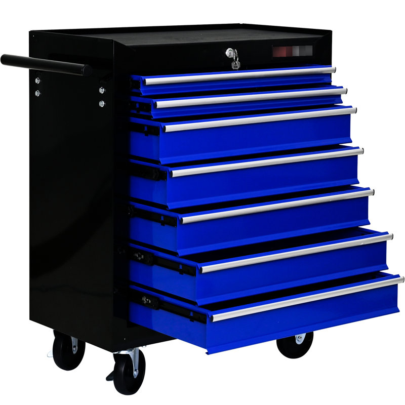 7 chariots à outils d'atelier, noir et bleu, verrouillables, capacité de 15 kg, tiroirs à roulement, 4 avec frein solide, glissières, 2