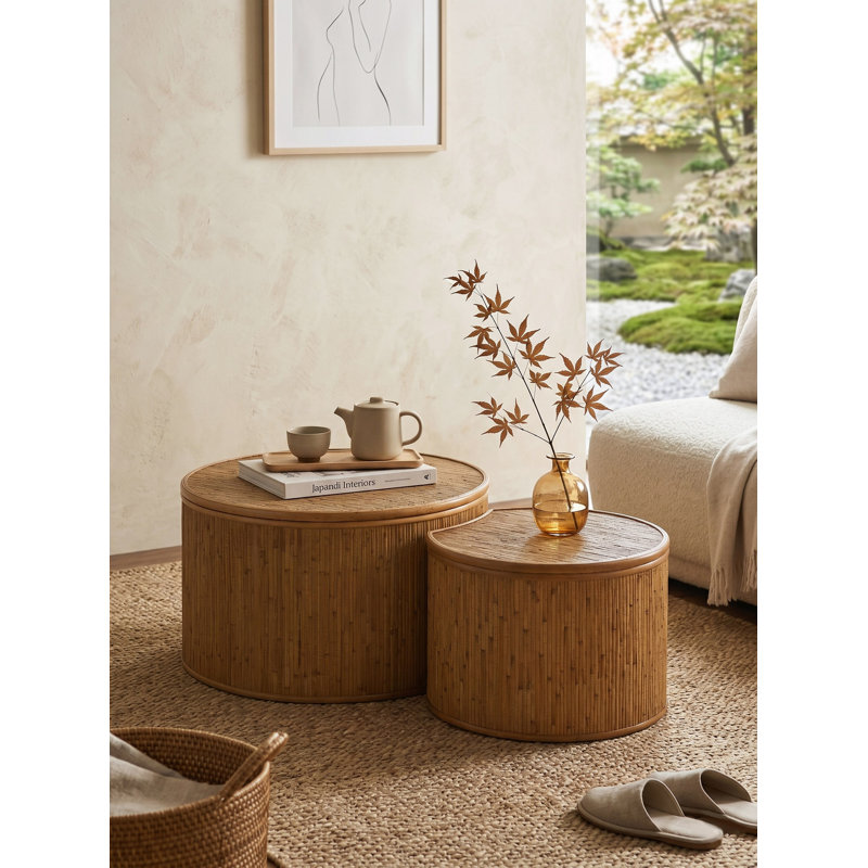 Table basse rétro en rotin 43,9 "avec fonction de rangement, pour salle à manger, cuisine et salon, ensemble de 2
