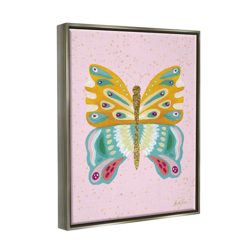 «Ba-910-Floater Glitzy Butterfly On Pink» par Kelley Talent, Cadre flottant gris lustré, H 31 po x l 25 po x P 1,7 po