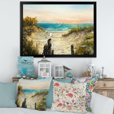 Dunes de l'océan pendant un coucher de soleil rose - peinture sur toile