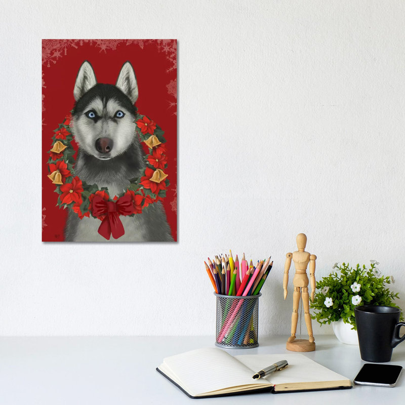 Husky and Poinsettia Wreath by Ansel Adams - 1 Piece Wrapped Canvas Painting, 20.32 cm H x 30.48 cm W