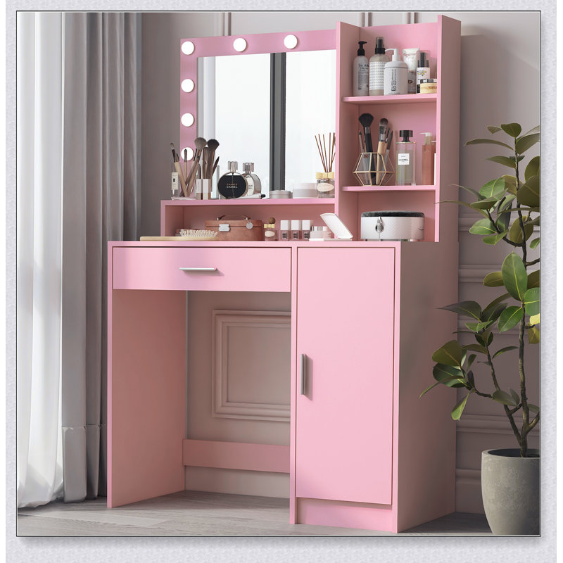 Bureau de coiffeuse avec miroir et lumière, commode de rangement à trois niveaux avec grand tiroir, 3 modes d'éclairage à luminosité réglable, coiffeuse de chambre à coucher