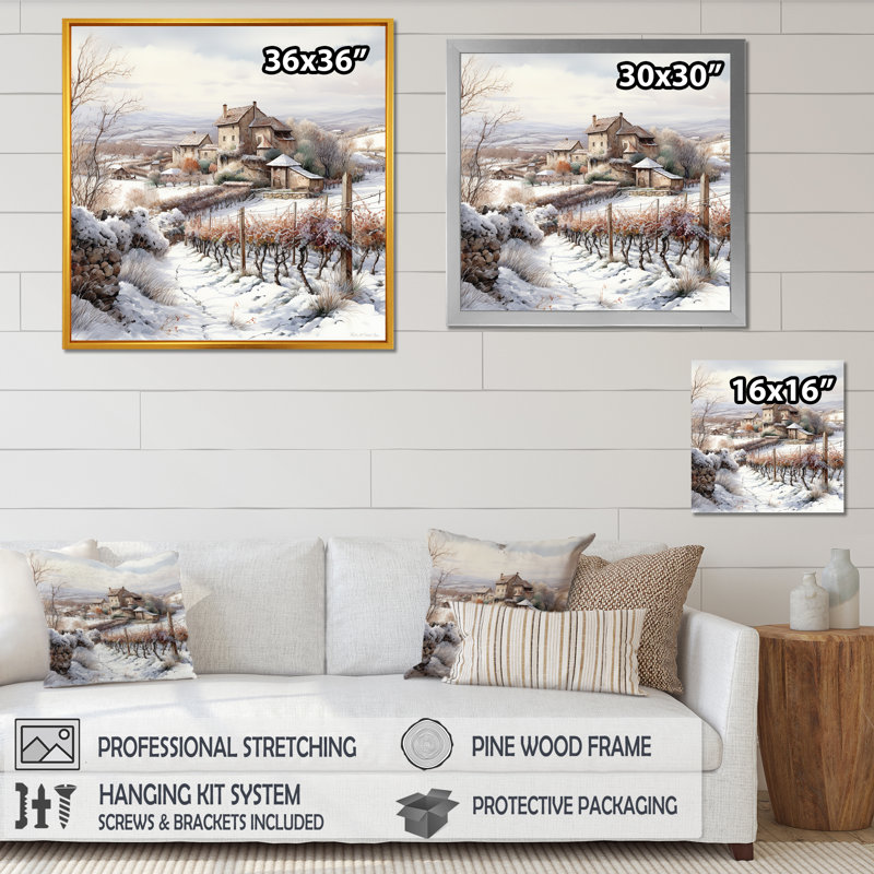 " Vineyard Charm In Winter ", 36" H x 36" W x 1.5" D, Gold Floater Framed