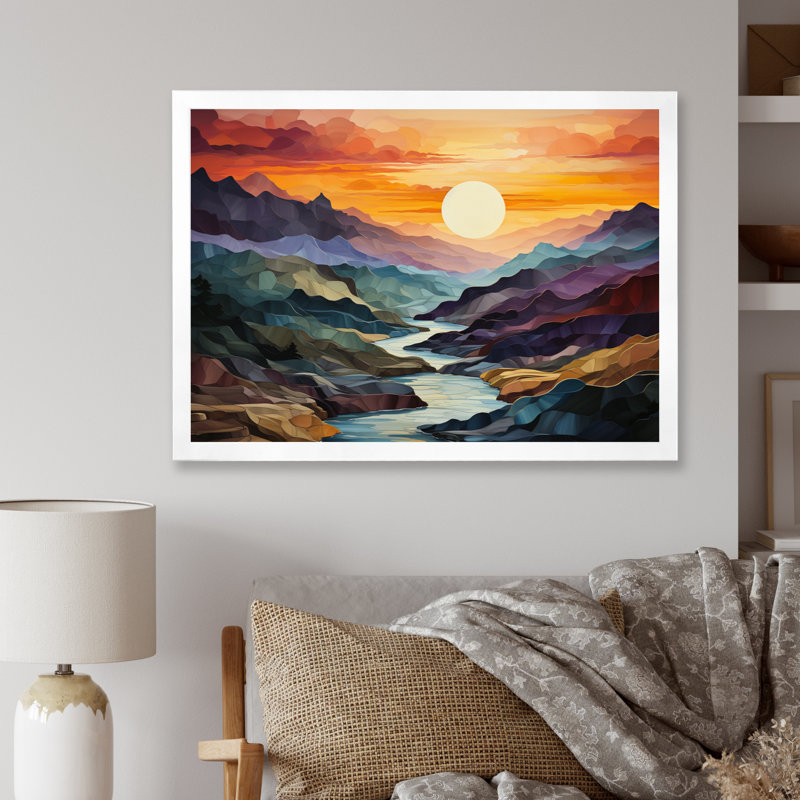 «Orange Teal Mountains Bold Landscape», reproduction d'art sur toile, H 12 po x l 20 po x P 1 po, Cadre simple blanc