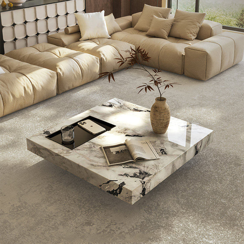 Luxury-Style Square Marble Coffee Table, 11.8" H x 39.4" L x 39.4" W