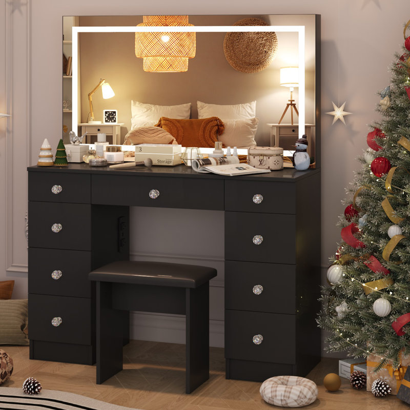 Greyden Vanity Set With LED Mirror & Power Outlets, 9 Drawers with Diamond Handles, Noir