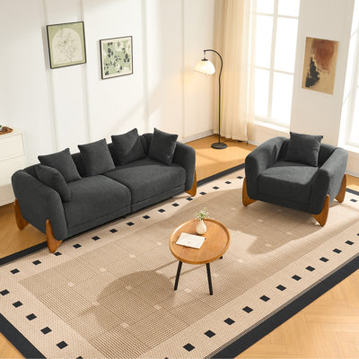 Ensemble canapé moderne Cloud 2 pièces, canapé 3 places en bouclette et fauteuil d'appoint, fauteuil de lecture moderne capitonné avec coussin assorti, fauteuil confortable pour le salon, noir