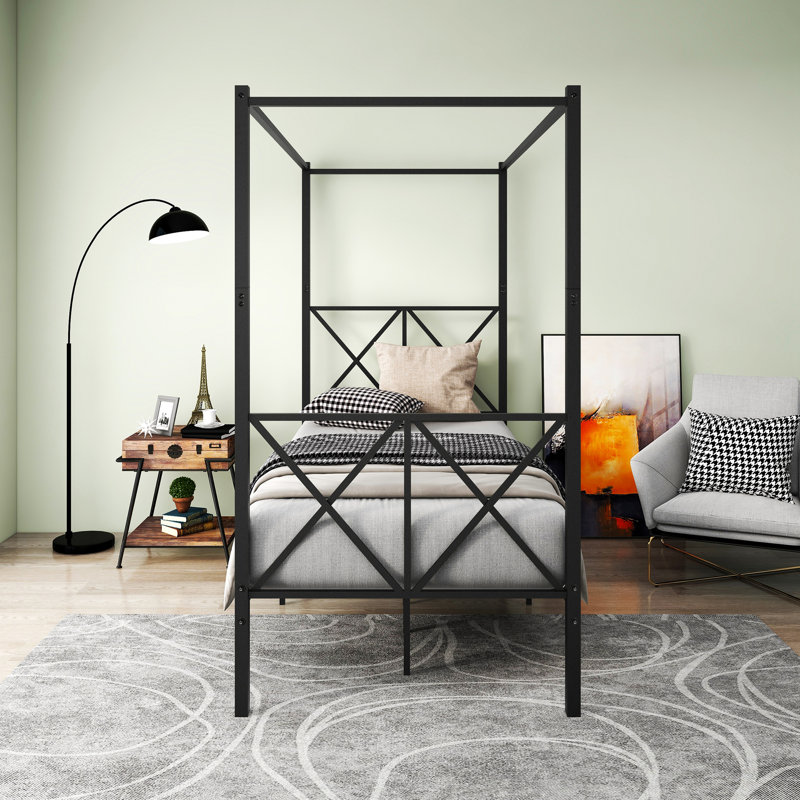 Nadene Canopy Bed, Platform Bed, Bed Frame with X Shaped Frame, Twin, Black