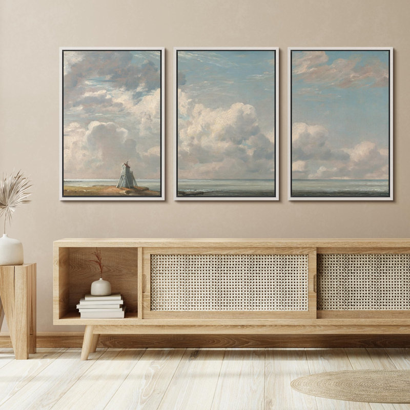 " Seashore Gaze Coastal Beach Scenery Nature Landscape Illustrations Modern Art Decor Rustic " 3 Piece Art Set, Blanc