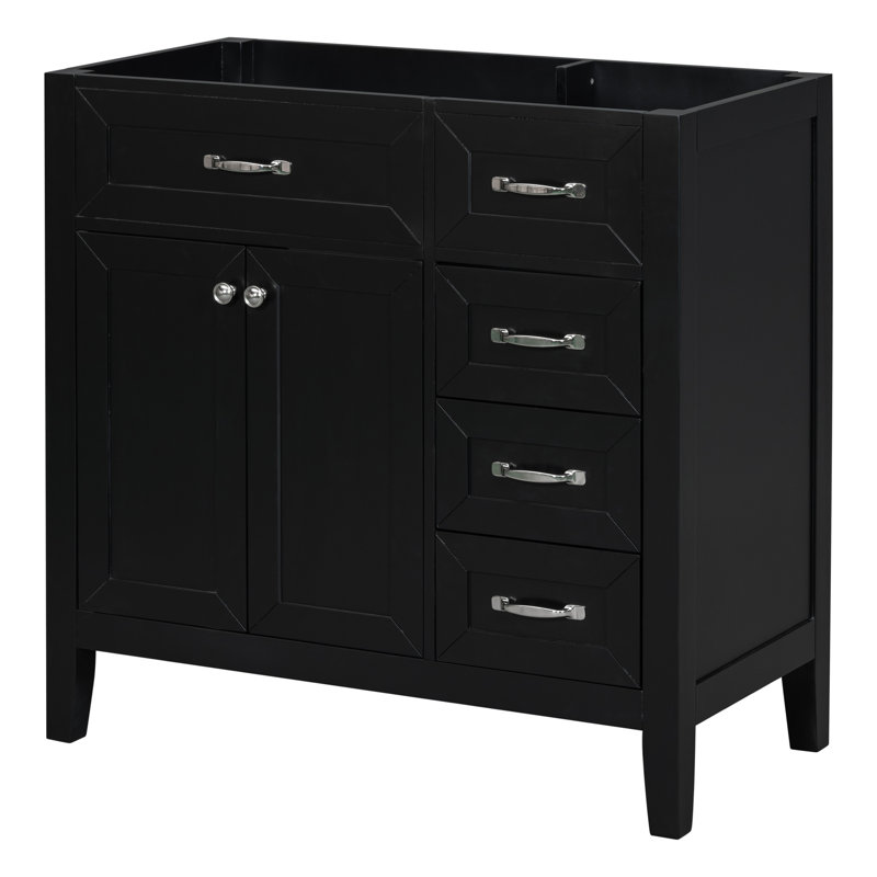 Base d'armoire de salle de bain 36 po. Meuble-lavabo autoportant noir avec tiroirs. Bois d'hévéa massif et rangement moderne. Assemblage requis en armoire de teinture.