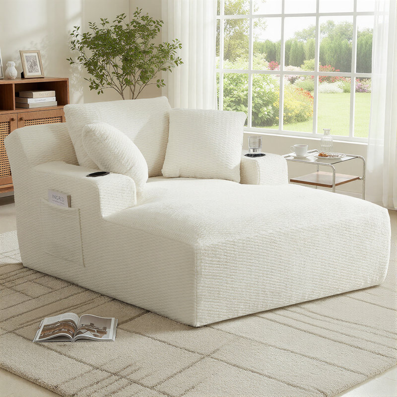 Chaise longue 49,2 po en fausse fourrure, canapé-lit simple, fauteuil de lecture d'appoint à siège profond avec porte-gobelet et poche latérale - aucun assemblage requis