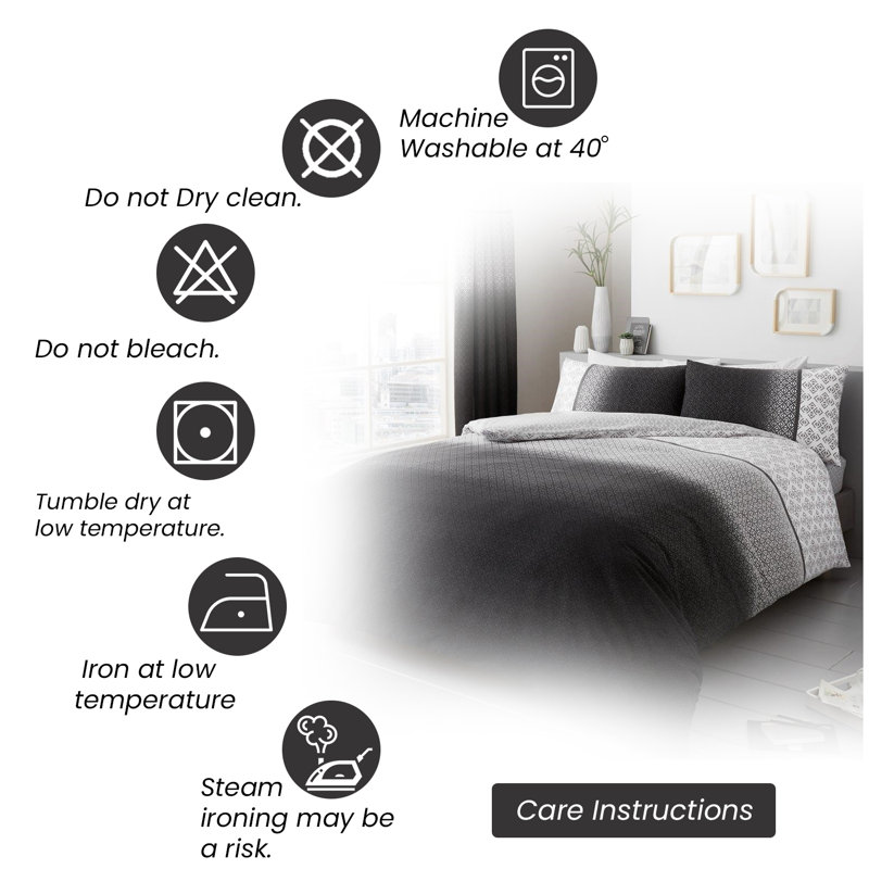 Geometric Polycotton Duvet Cover Set with Matching Pillowcases - Soft, Durable, Comfortable Unisex Bedding, Grey, Super King
