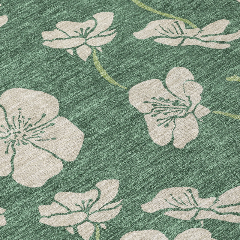 Sage Floral Synthetic Washable Rectangular Area Rug