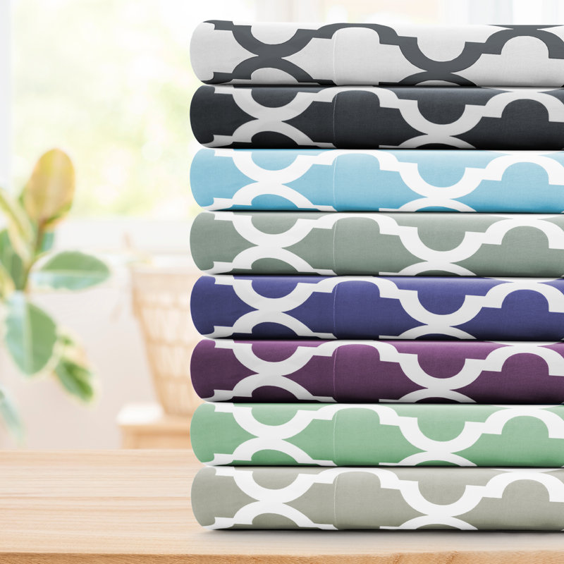Lux Decor Collection 4 Pc Soft Microfiber Bed Sheets Set Geometric Quatrefoil Bedding, King Sheet Set with 2 Pillowcases