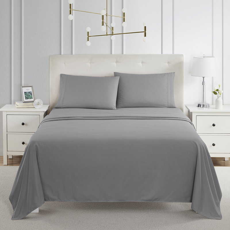  Ensemble de draps double brossé de luxe pour hôtel avec draps et taies d'oreiller très doux, Gray, Double XL