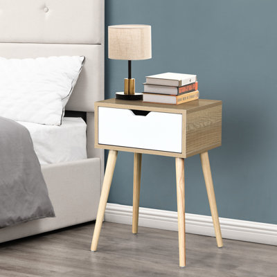 Table d'appoint avec tiroir et pieds en bois d'hévéa, rangement de salon de chambre à coucher de style Mid-Century moderne, apparence solide blanche, instructions de montage pratiques 1 et armoire de rangement de couleur pour la pièce, facile à