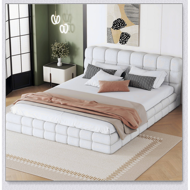 Queen Upholstered Platform Bed, White