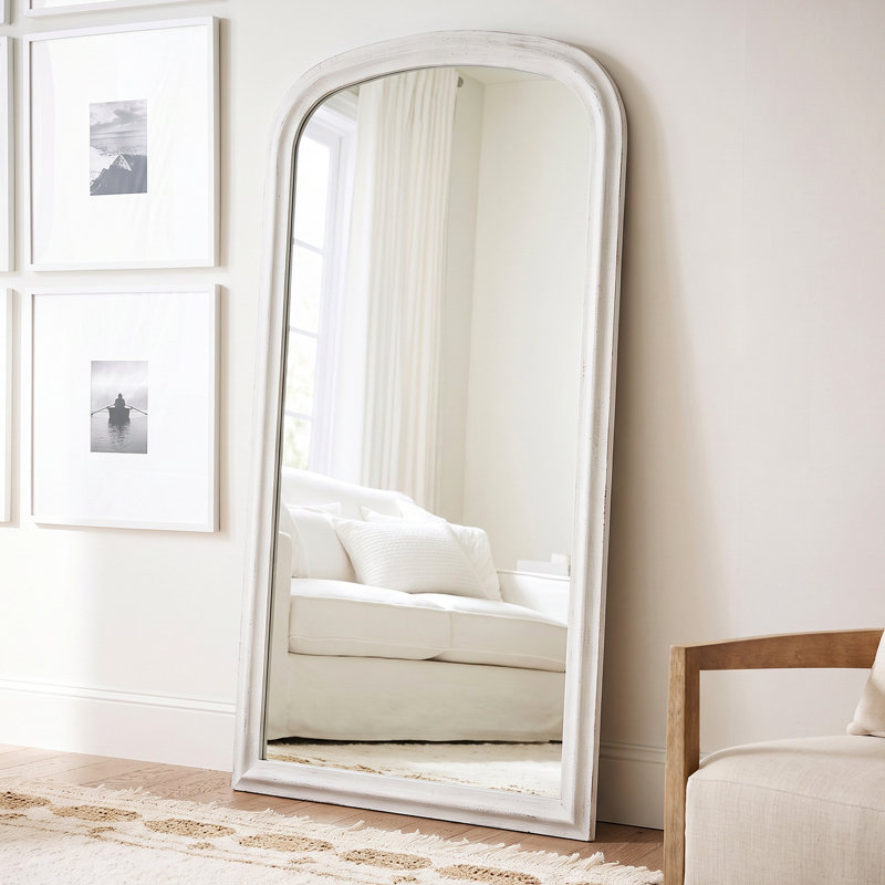 Miroir sur pied de style campagnard français, 170 cm (67 po), cadre en bois blanc vieilli