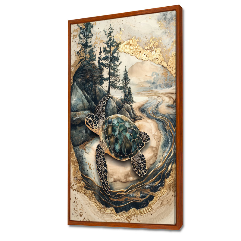 Corojo Turtle on Forest Landscape Collage - tortue, art mural grand, H 60 po x l 28 po, Reproduction avec cadre flottant
