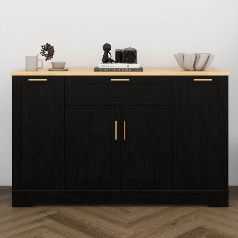 Kitchen Storage Sideboard, Extendable Dining Table, Adjustable Shelves, 3-Tier Pull-Out Rack, Black