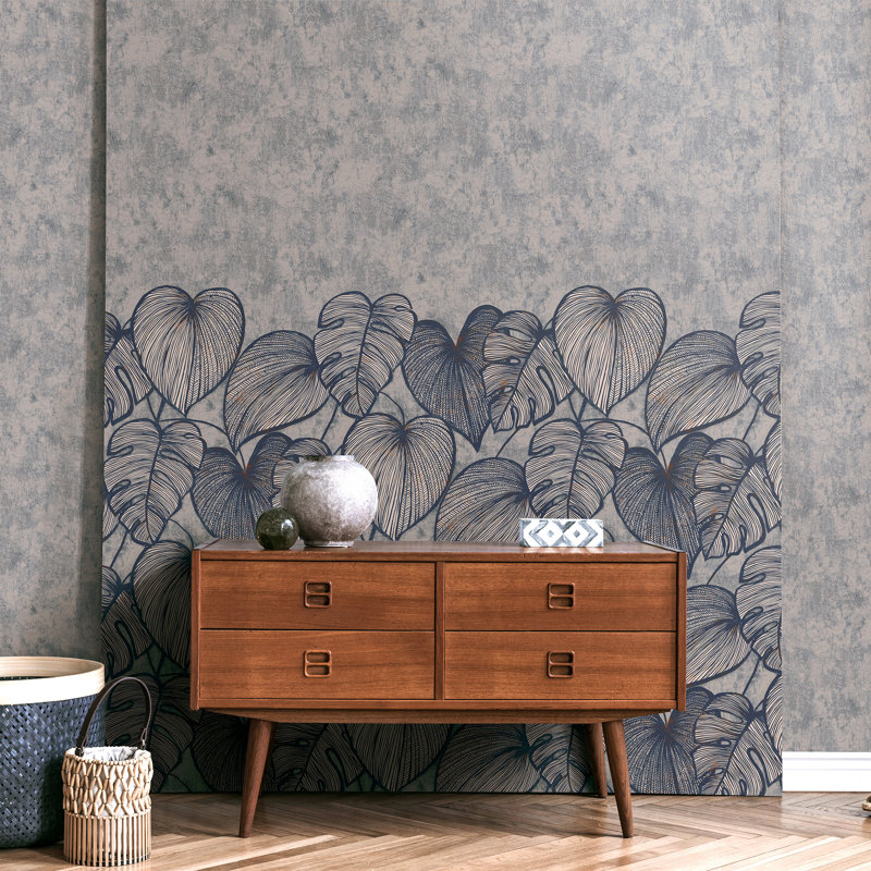 Julie Feels Home Glitter/Shimmer Monstera Leaf and Plain Twinwall Design 4-panel Wall Mural, Navy Ash
