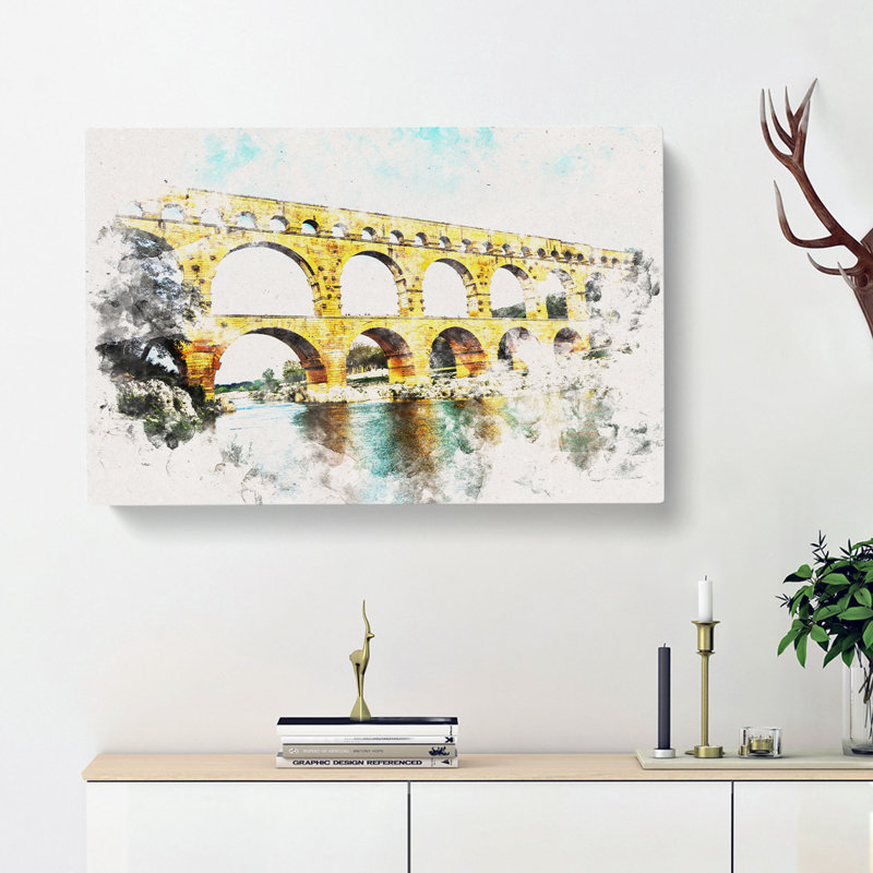 Pont Du Gard Bridge In France Watercolour - Wrapped Canvas Print, 50cm H x 76cm W x 3cm D