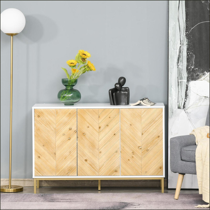 Sideboard Buffet Cabinet, 3-Door Modern Rustic Storage with Chevron Pattern &amp; Adjustable Shelves | MDF + Steel Legs