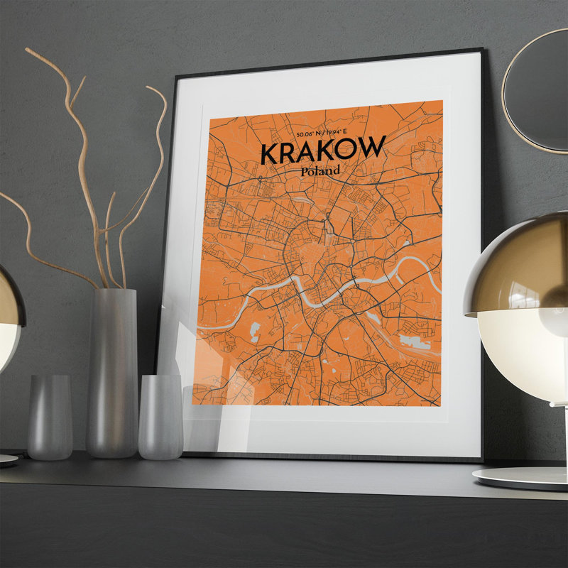 «Krakow City Map», impression de luxe, Orange / gris, H 20 po x l 16 po