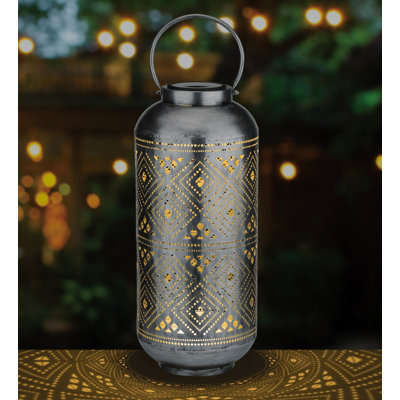 25" Metal Cylinder Shadow Solar Lantern with Decorative Perforated Floral Pattern and Top Handle - Bronze