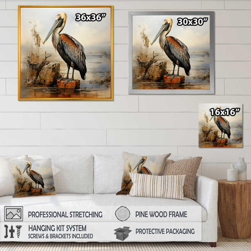 Pélican rétro sur la côte - art mural pélican, Cadre flottant noir, H 16 po x l 16 po x P 1 po
