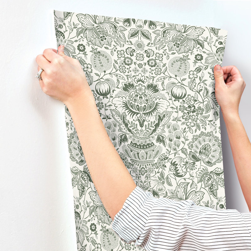 Blanche Dark Green Floral Damask Wallpaper, Green