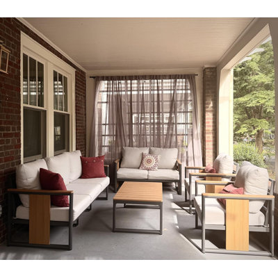 Ensemble de conversation de patio 5 pièces en aluminium et teck avec coussins gris, ensemble de conversation toutes saisons avec table basse pour la cour, la piscine et la terrasse