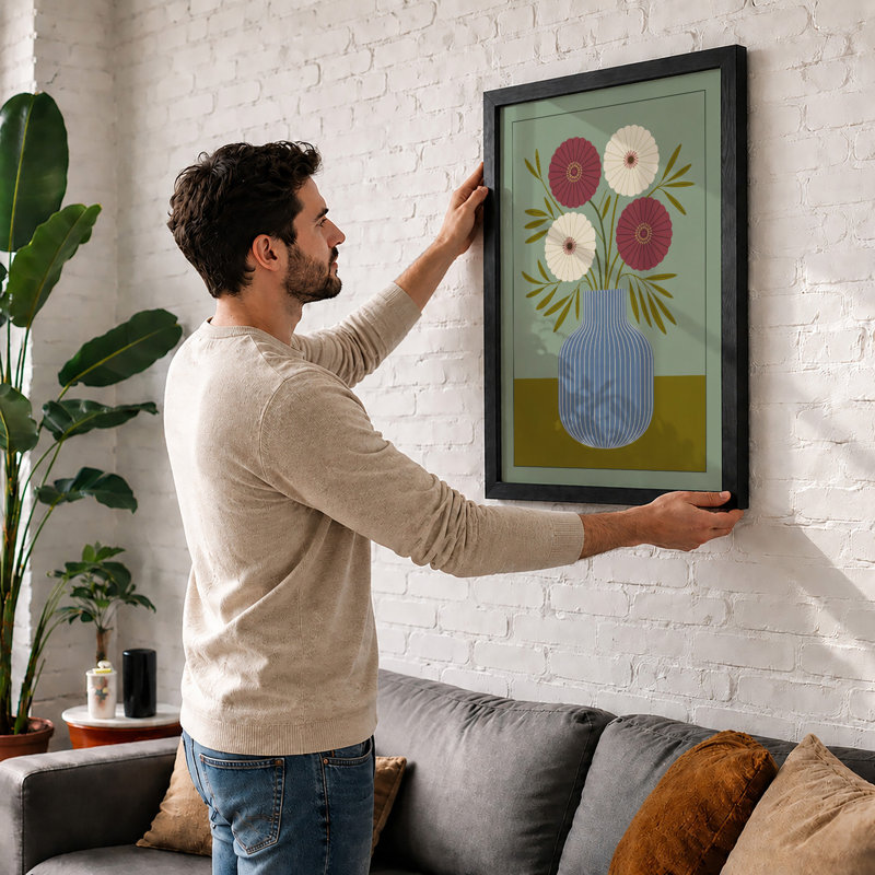 Blooms In Striped Vase Botanical - Print, A3 - 42.0 x 29.7 cm, White
