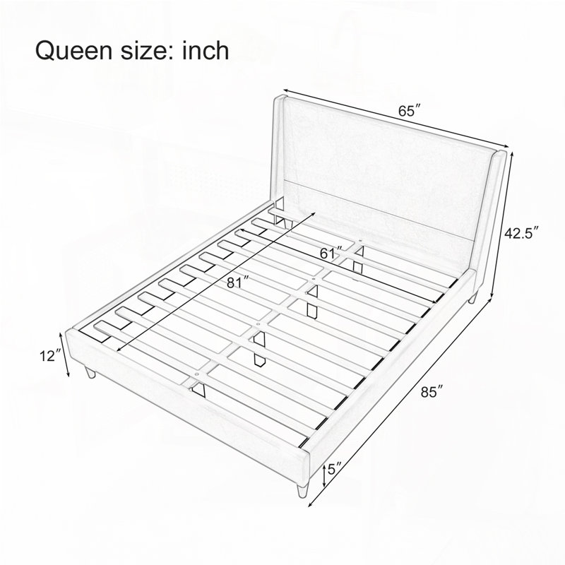 Lit plateforme tapissier avec tête de lit à oreilles, pieds en bois, aucun sommier requis, Bouclé ivoire, Grand