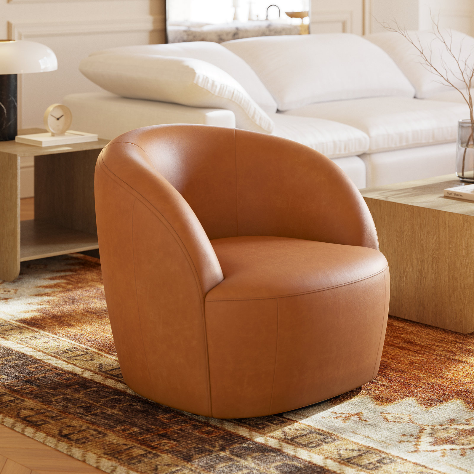Alma Genuine Italian Leather Swivel Lounge Chair in Bourbon Tan