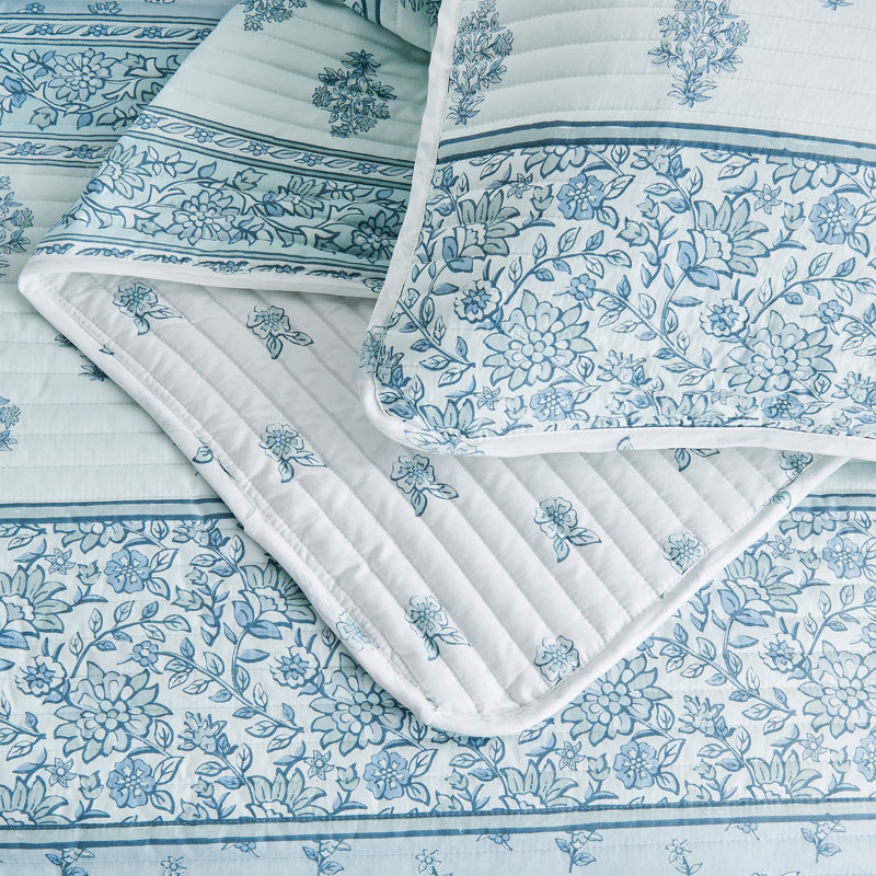 Twin Blue Reversible Microfiber Floral Quilt Set