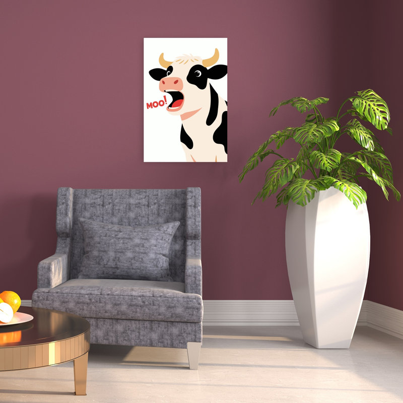 Vache drôle et meuglante - Illustration abstraite contemporaine représentant une vache dans un paysage naturel, 24" H x 16" W