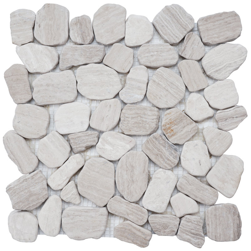 River Rock Snow Random Sized Marble Pebbles Mosaic Wall & Floor Tile, White Oak